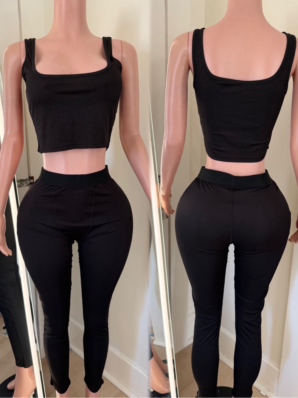 Women’s High-Waist Black Stretch Leggings & Crop Tank Set